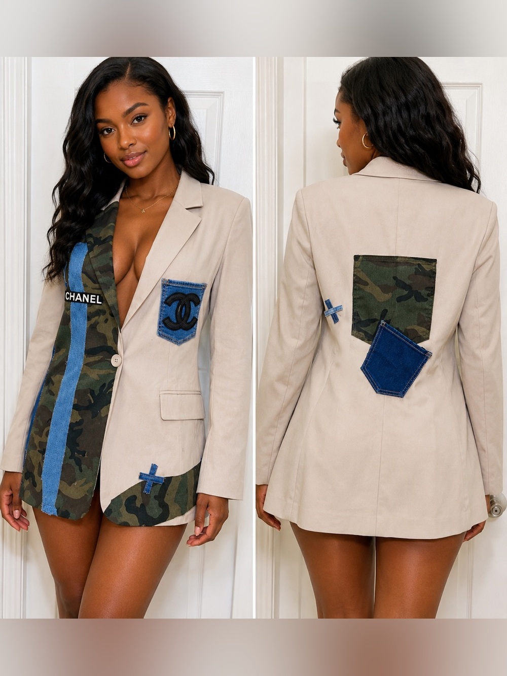 Upcycled designer inspired Patchwork Blazer w Camo & Denim Accents size XL